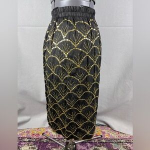 Rare Vintage Silk Skirt Tina Size L 70s 80s Black Scalloped Gold Sequins